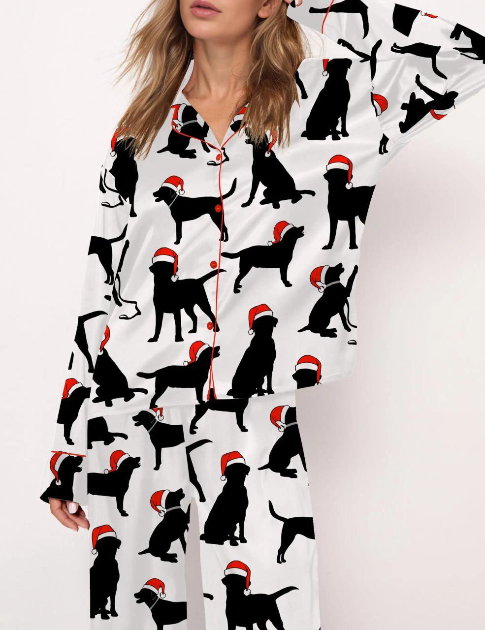 Christmas Black Labrador Satin Pajama Set For Women