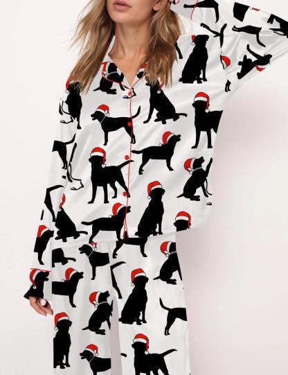 Christmas Black Labrador Satin Pajama Set For Women