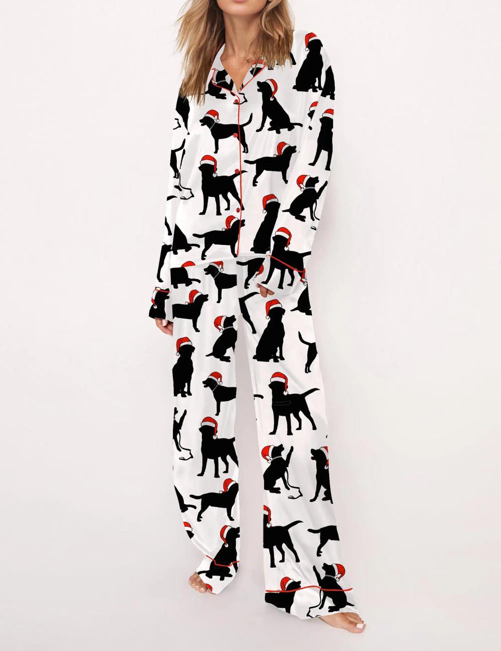 Christmas Black Labrador Satin Pajama Set For Women