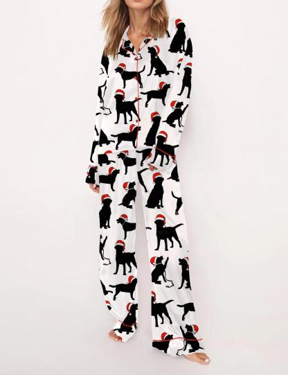 Christmas Black Labrador Satin Pajama Set For Women