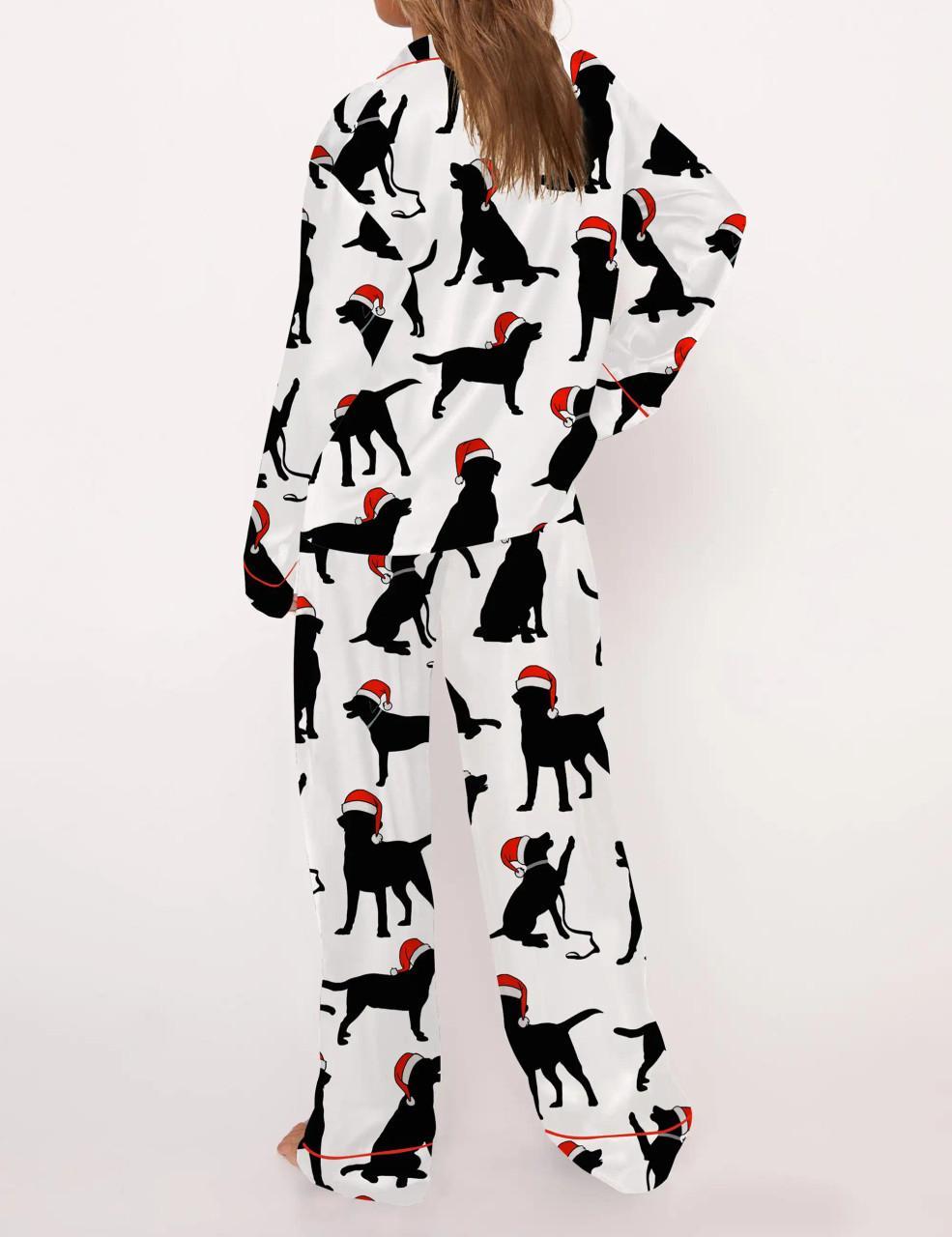 Christmas Black Labrador Satin Pajama Set For Women