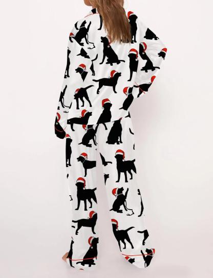 Christmas Black Labrador Satin Pajama Set For Women