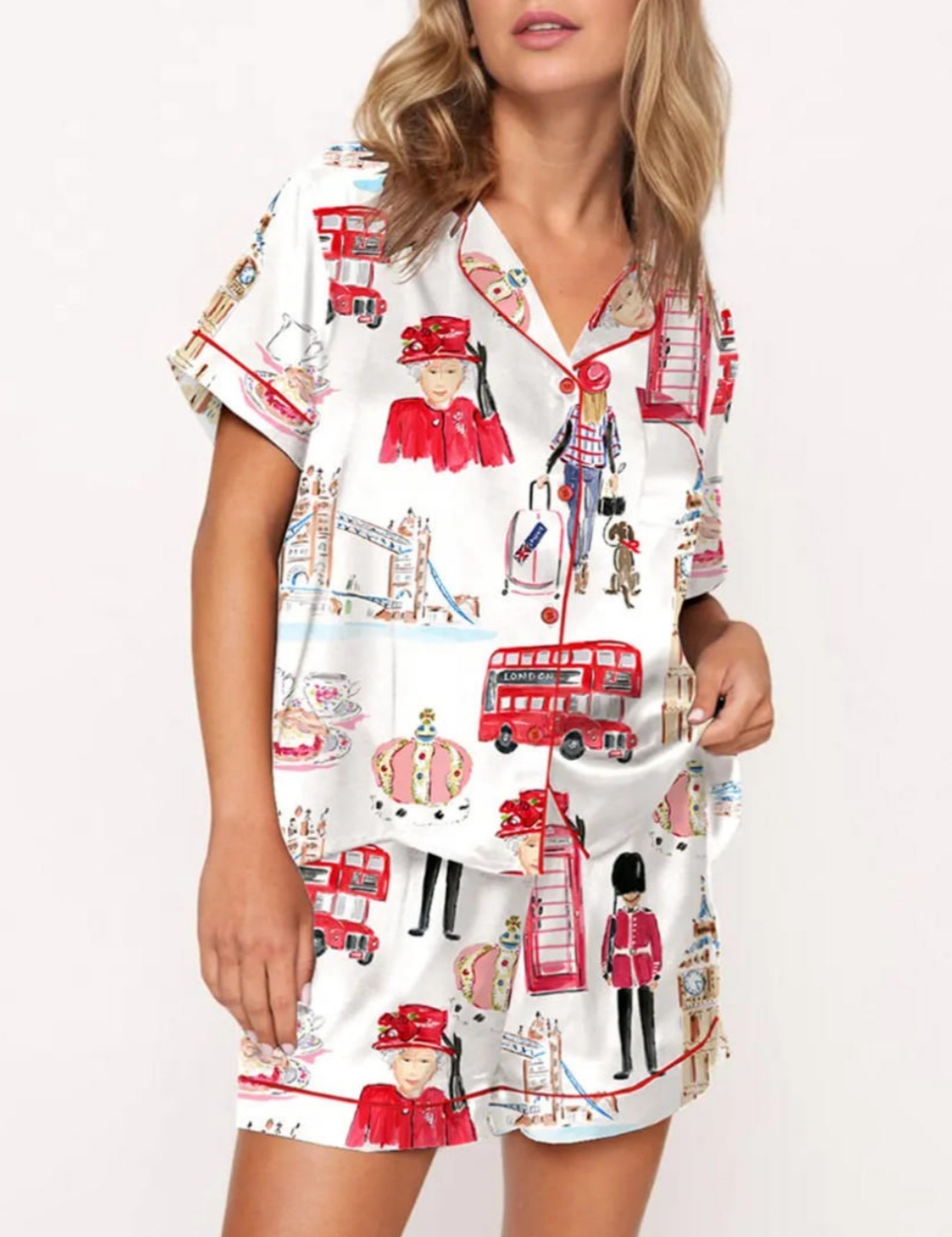 London Travel Watercolor Satin Pajama Set For Women