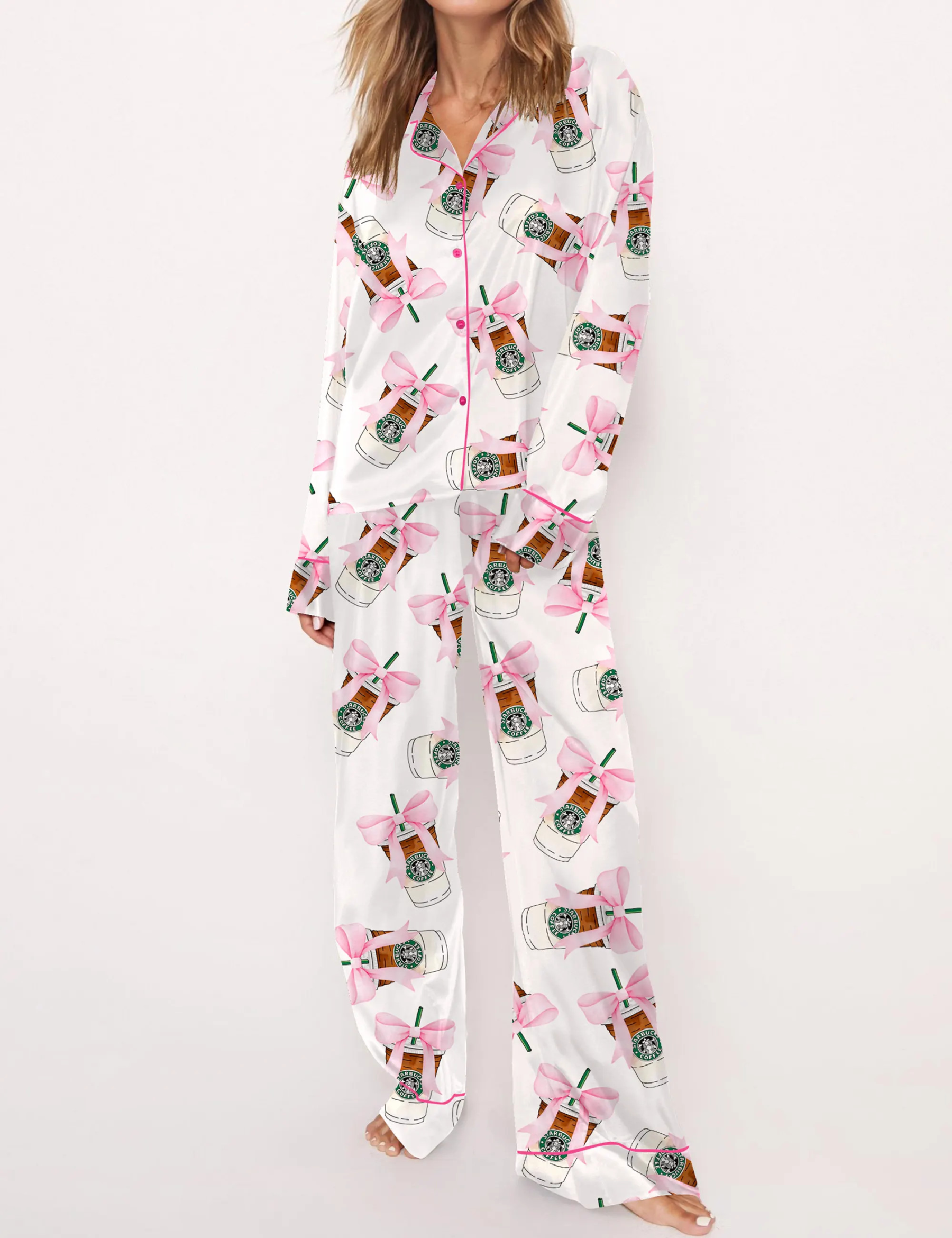 Coquette Coffee Satin Pajama Set For Women
