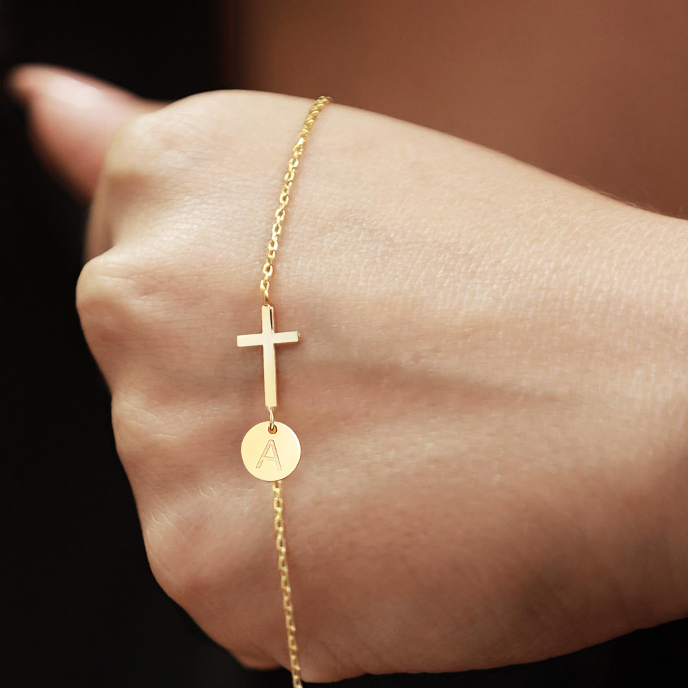 Personalized Cross Initial Disc Bracelet