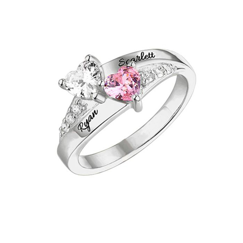 Personalized Heart Assortment 1-8 Birthstones Ring with Engraved Name and Text Mother's Day Birthday Gift for Woman