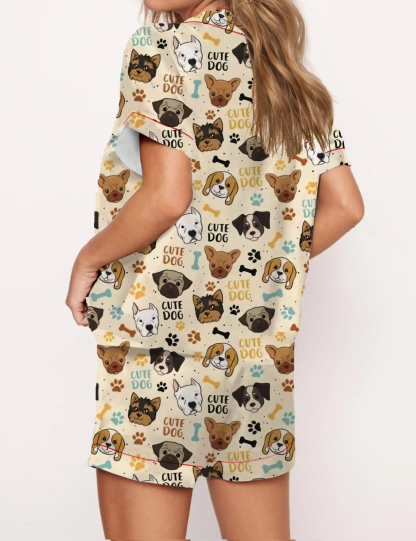 Cute Dog Print Satin Pajama Short Set