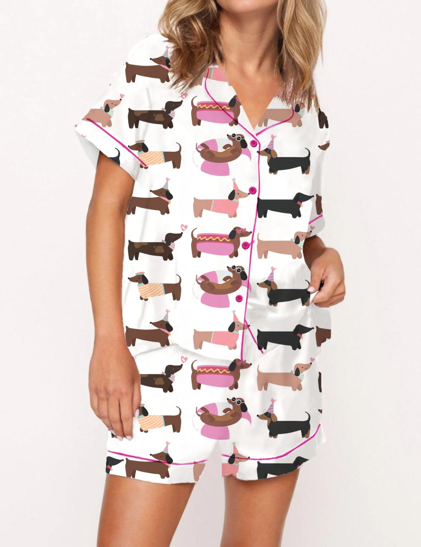 Playful Colorful Cartoon Dachshund Pattern Satin Pajama Short Set