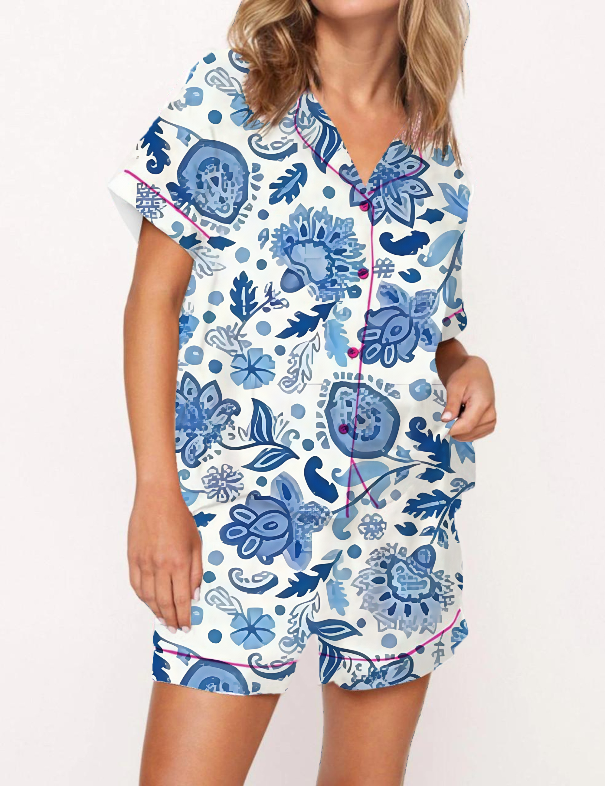 Blue And White Paisley Print Satin Pajama Short Set
