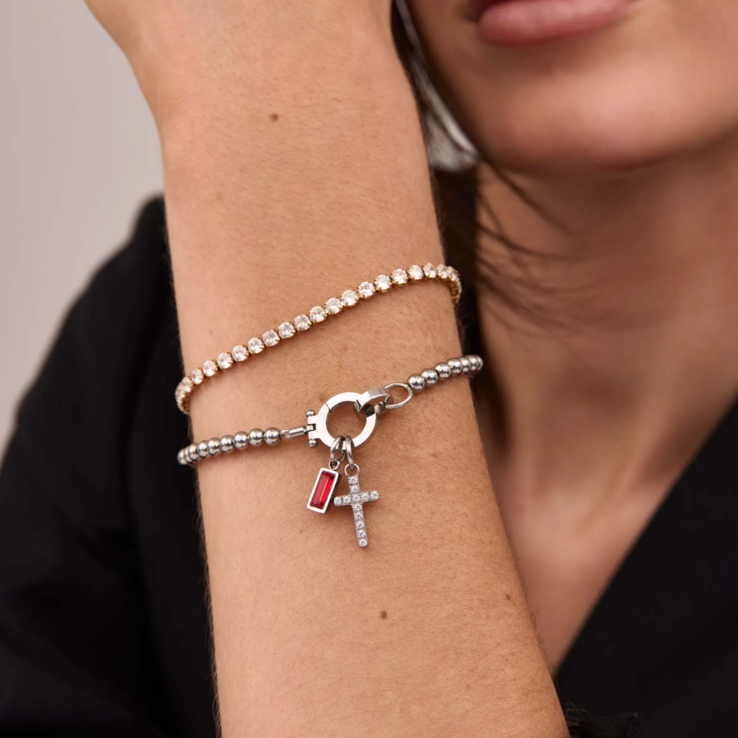 Beaded Birthstone Cross Charm Bracelet