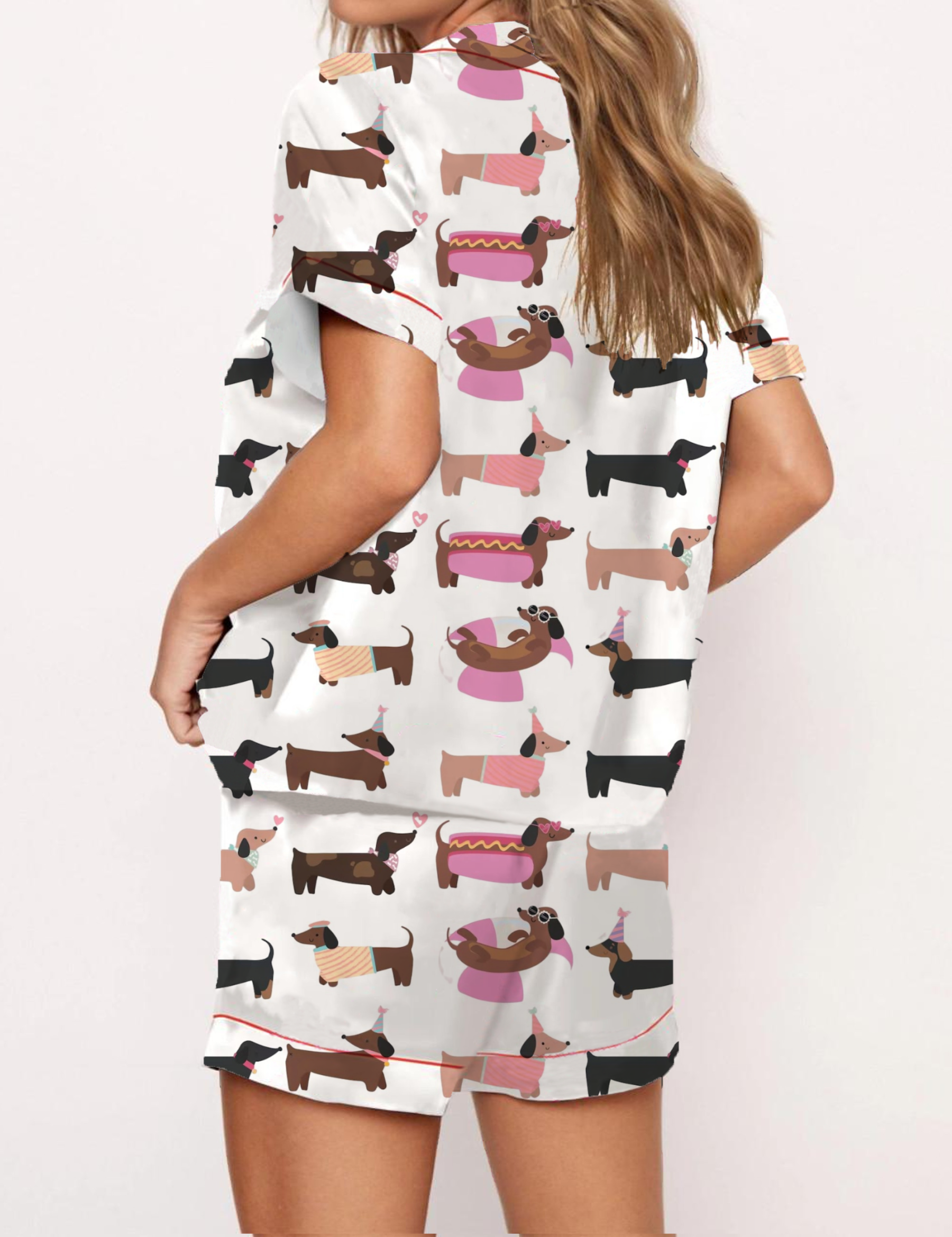 Playful Colorful Cartoon Dachshund Pattern Satin Pajama Short Set
