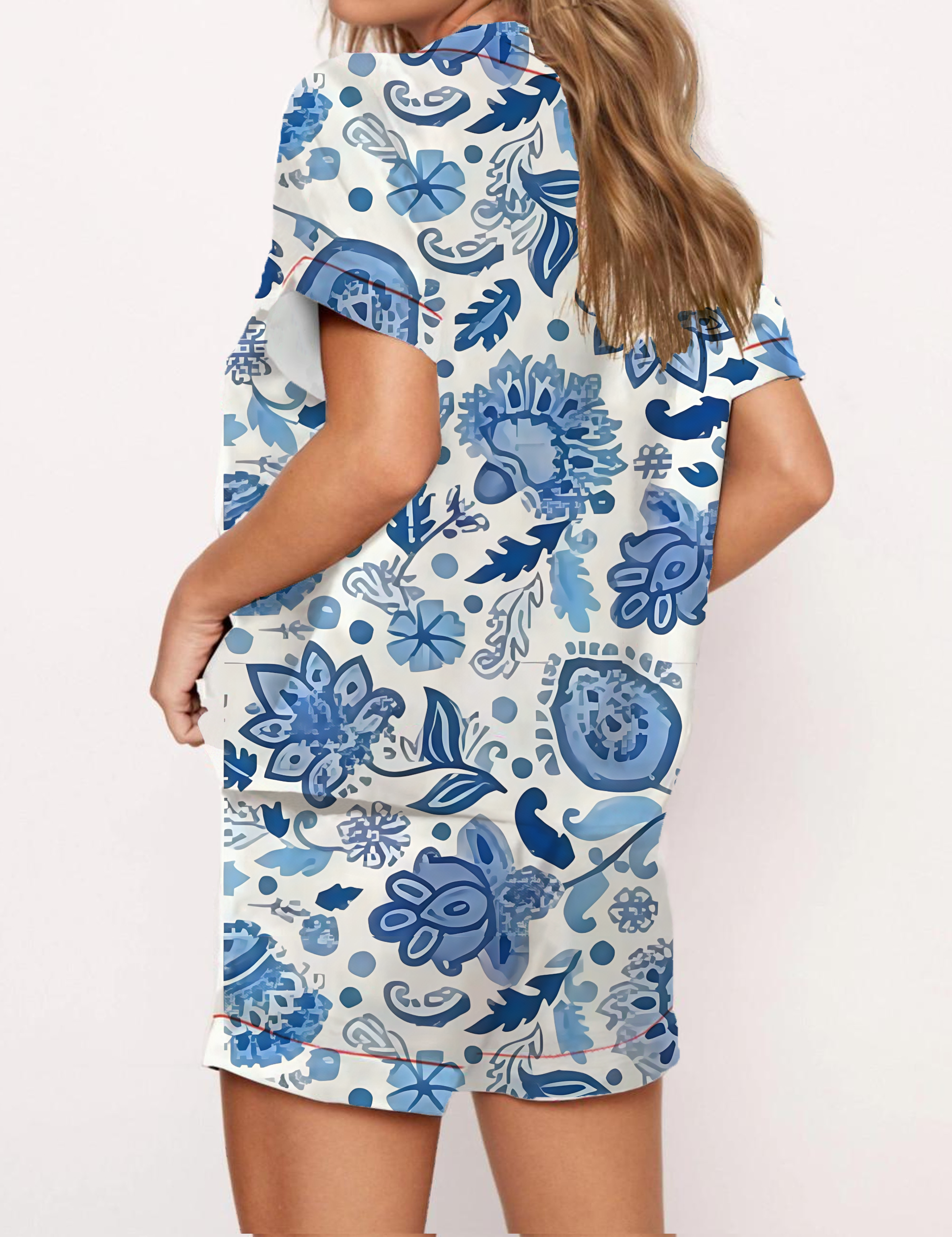 Blue And White Paisley Print Satin Pajama Short Set