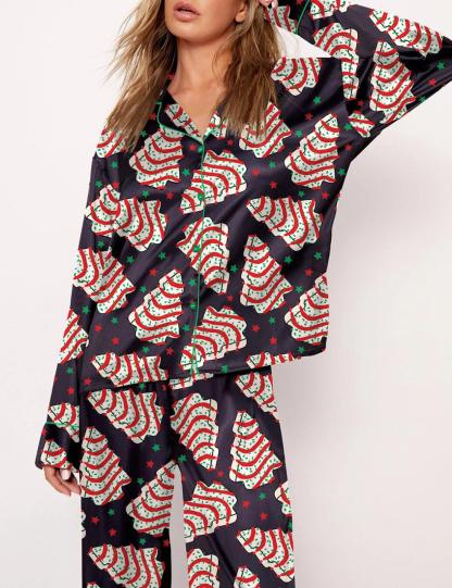 Christmas Tree Cakes Silky Satin Pajama Set For Women
