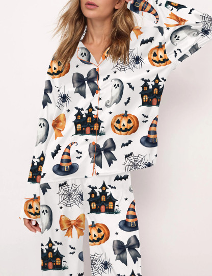 Coquette Halloween Silky Satin Pajama Set For Women