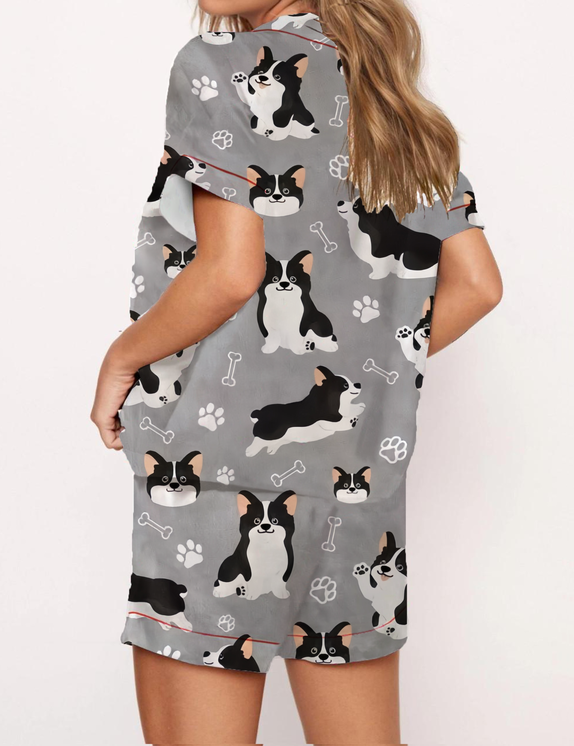 Welsh Corgi Print Daily Wear Satin Pajama Short Set