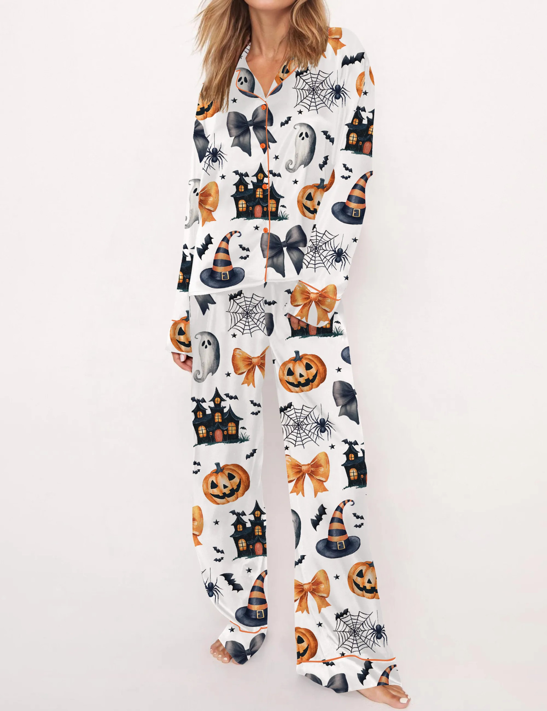 Coquette Halloween Silky Satin Pajama Set For Women