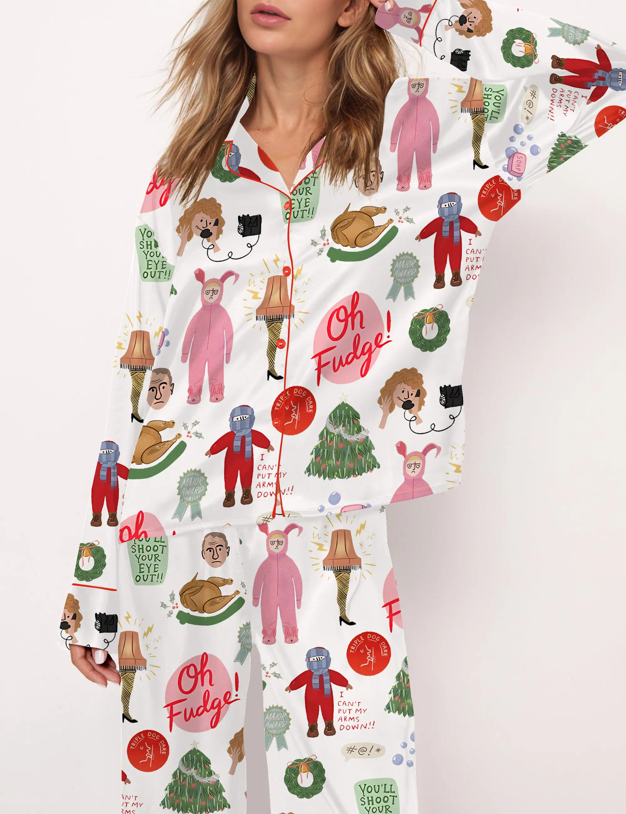 Christmas Story Silky Satin Pajama Set For Women