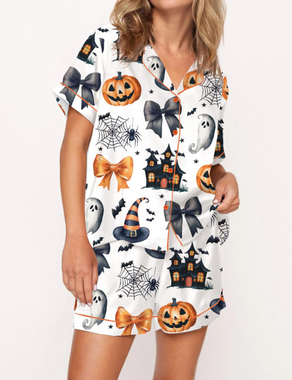 Coquette Halloween Silky Satin Pajama Set For Women