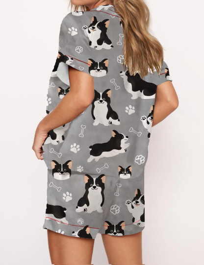 Welsh Corgi Print Daily Wear Satin Pajama Short Set