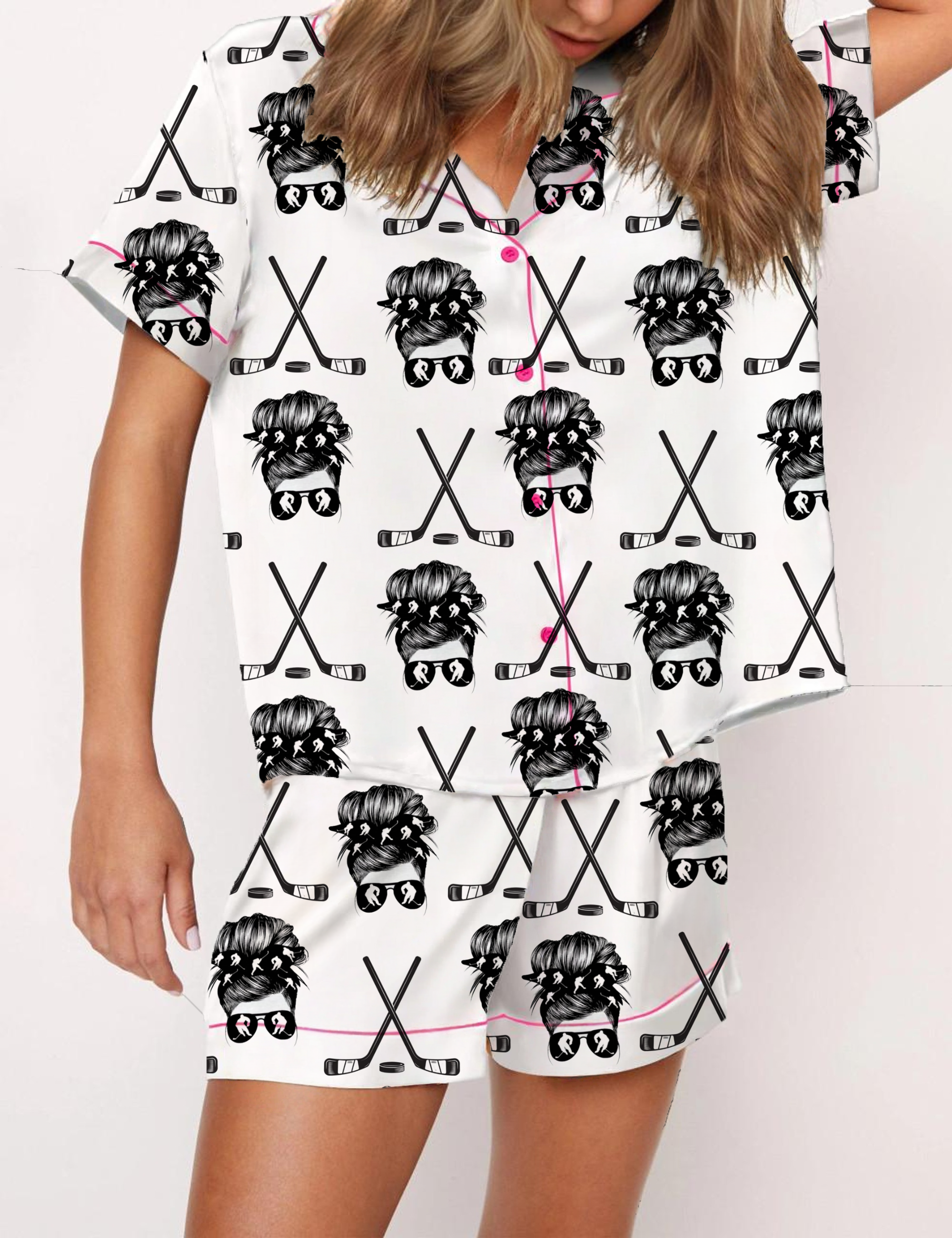 Girl Ice Hockey Silky Satin Pajama Short Set For Women