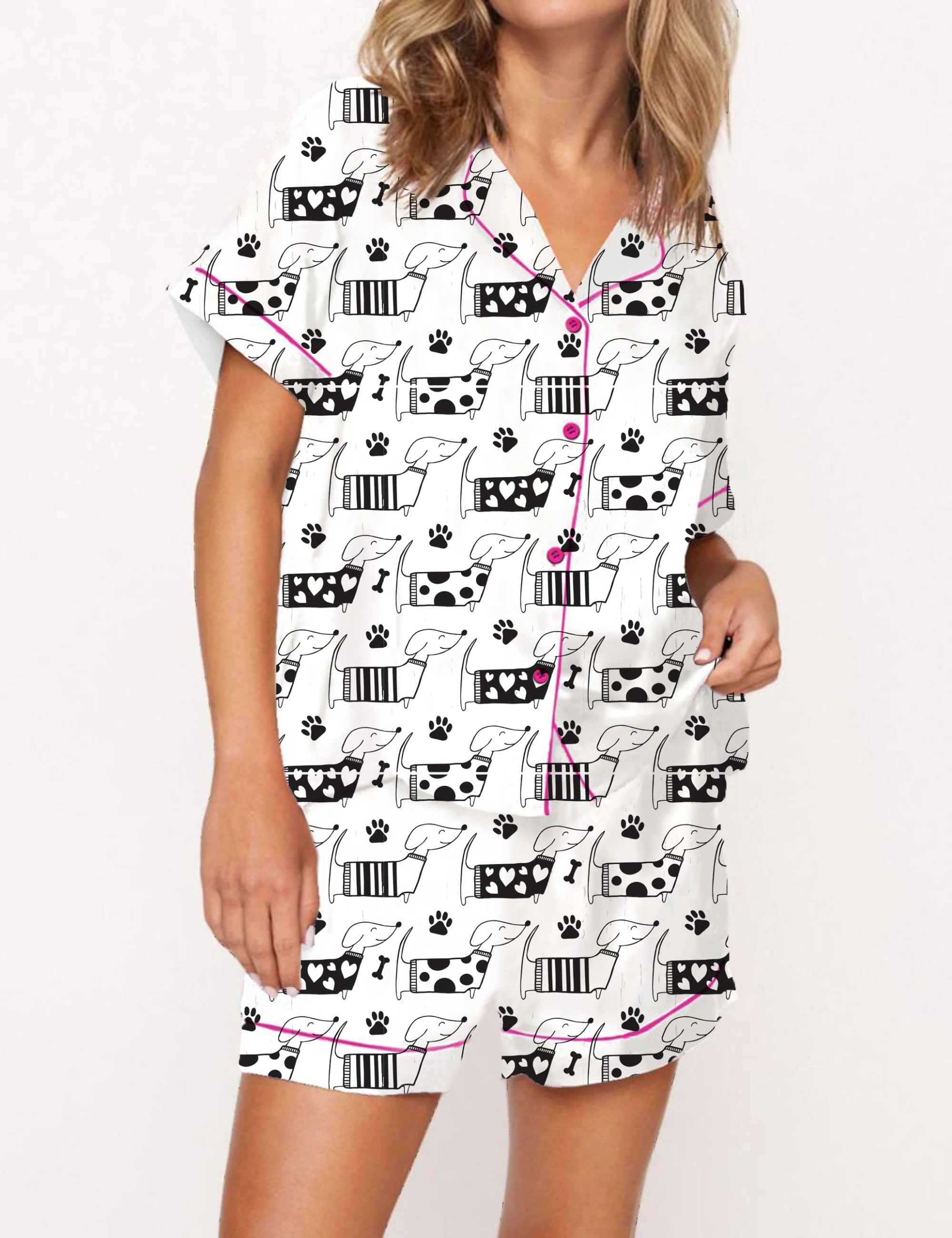 Abstract Dachshund Pattern Satin Pajama Short Set