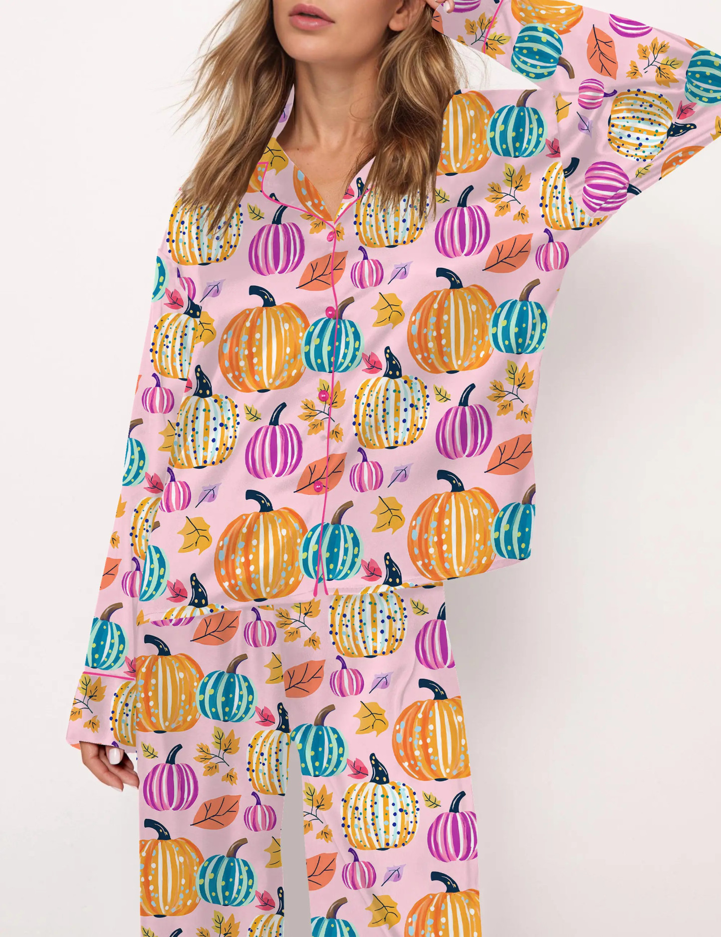 Fall Pumpkin Silky Satin Pajama Set For Women