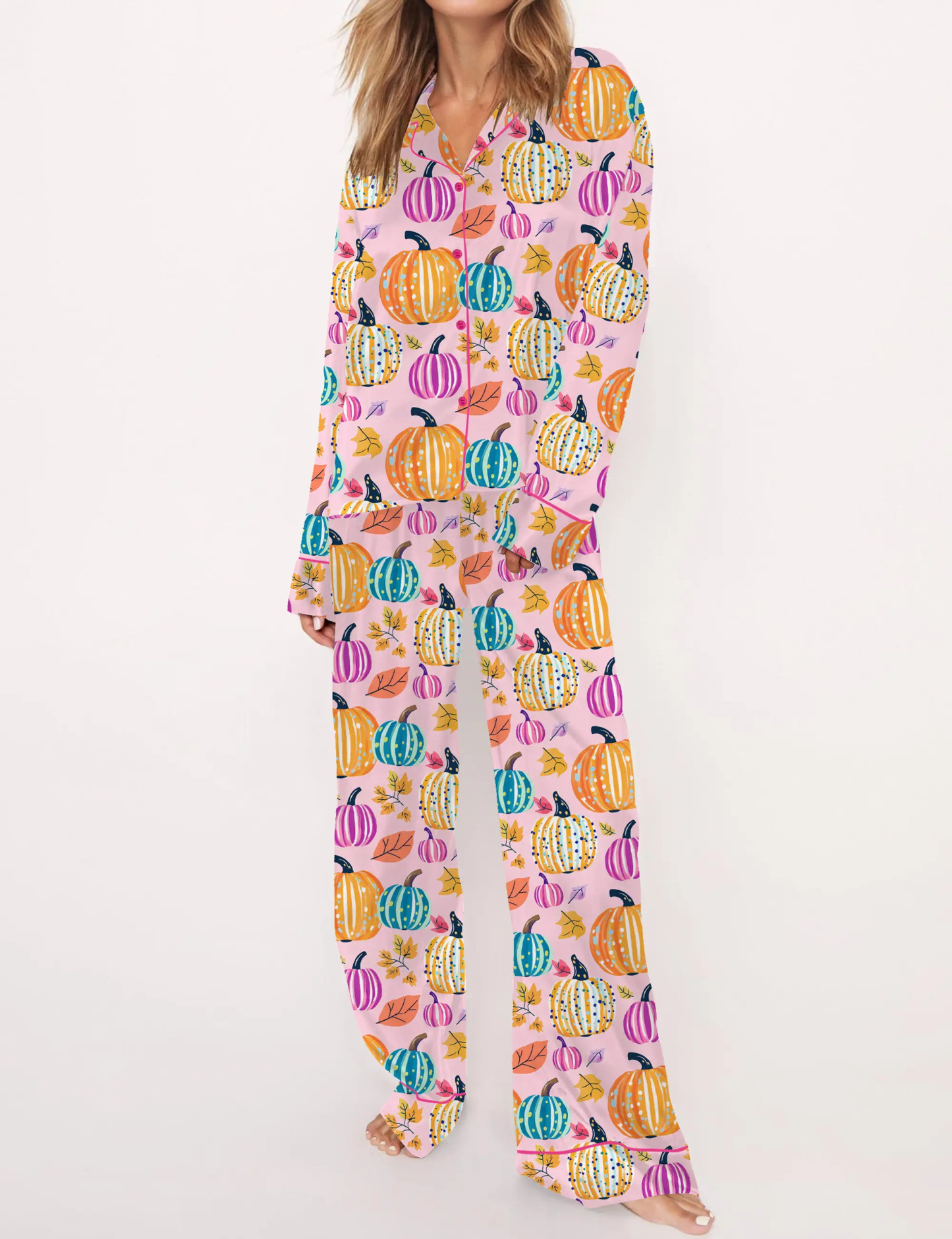 Fall Pumpkin Silky Satin Pajama Set For Women