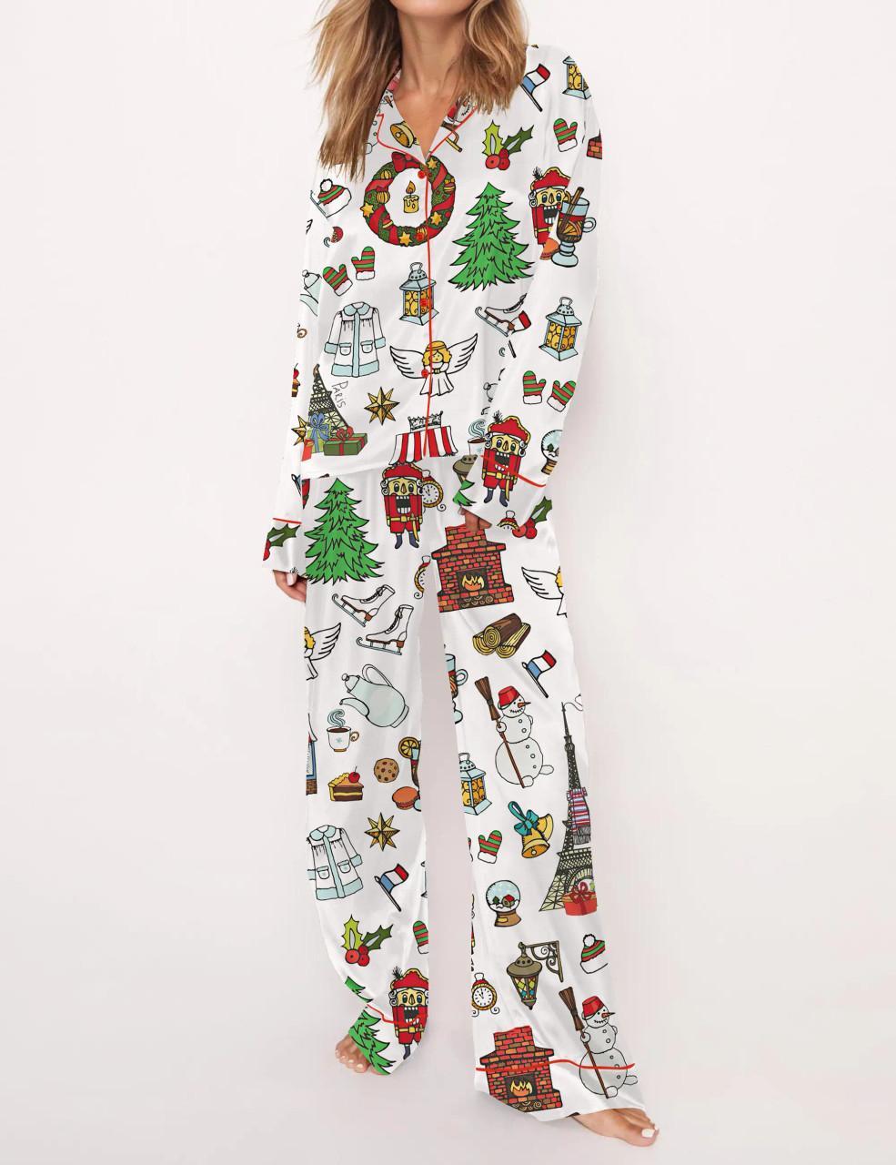 Paris Christmas Satin Pajama Set For Women