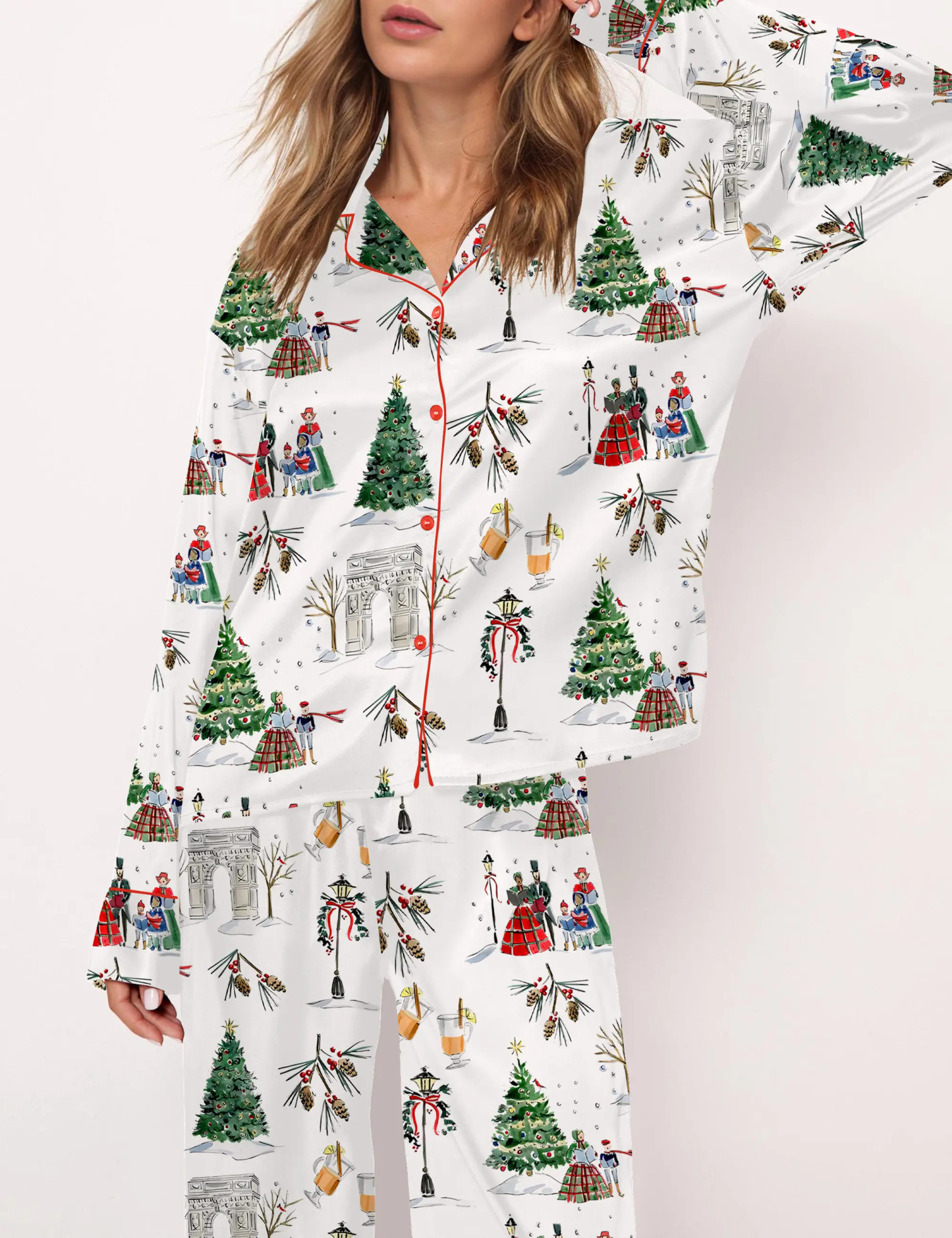 Watercolor Christmas Silky Satin Pajama Set For Women