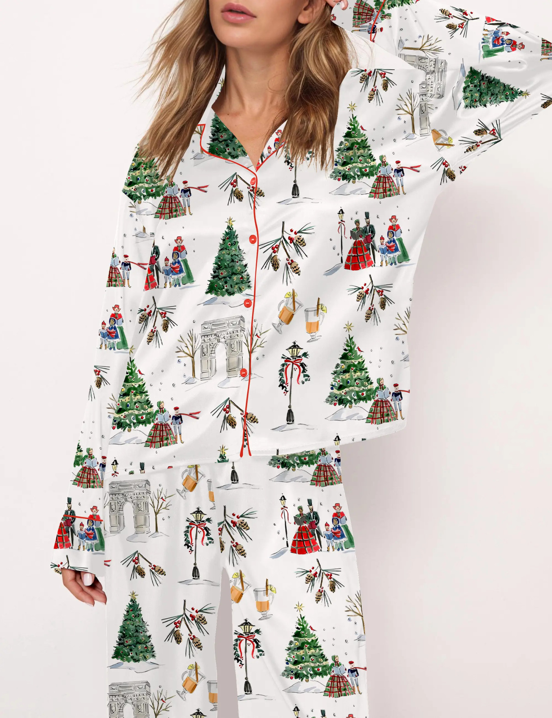 Watercolor Christmas Silky Satin Pajama Set For Women