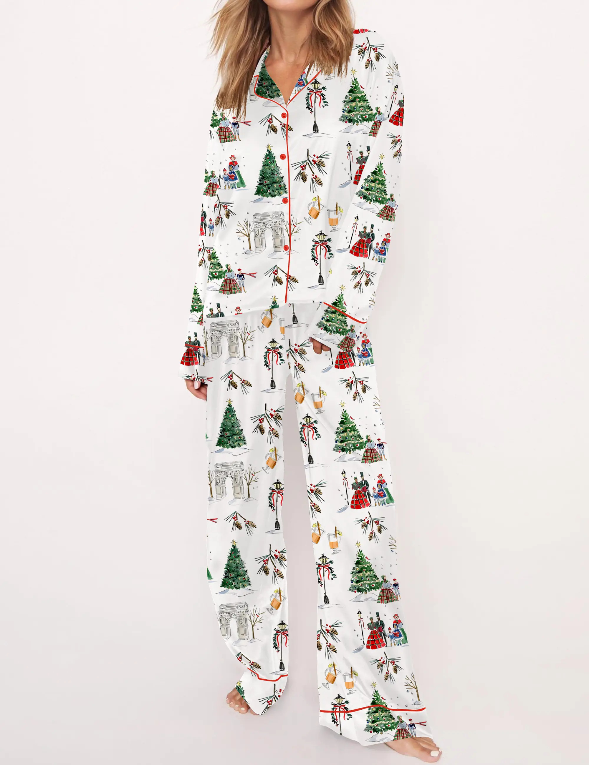 Watercolor Christmas Silky Satin Pajama Set For Women