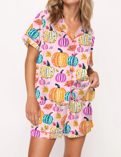 Fall Pumpkin Silky Satin Pajama Set For Women