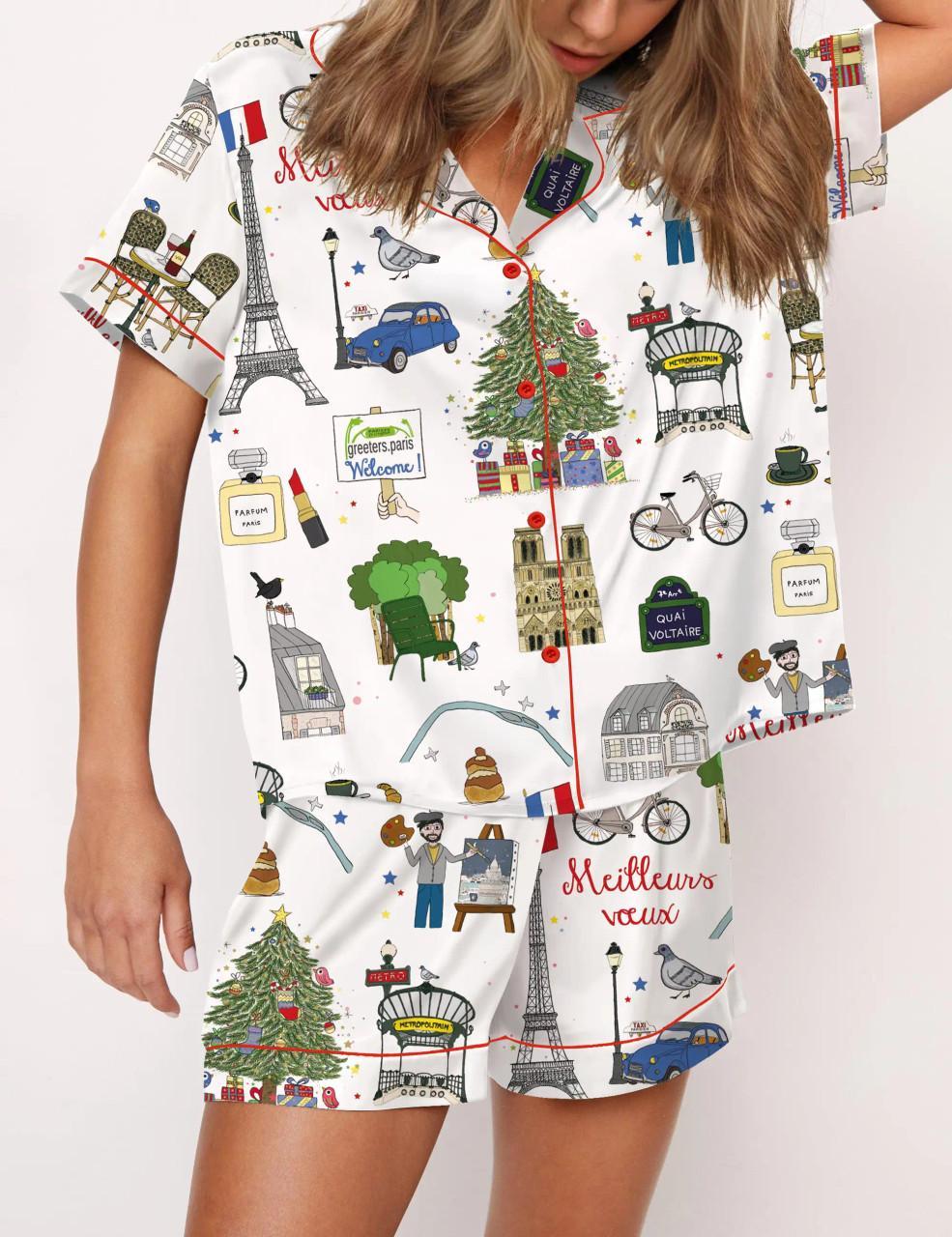 Christmas In Paris Satin Pajama Set For Women