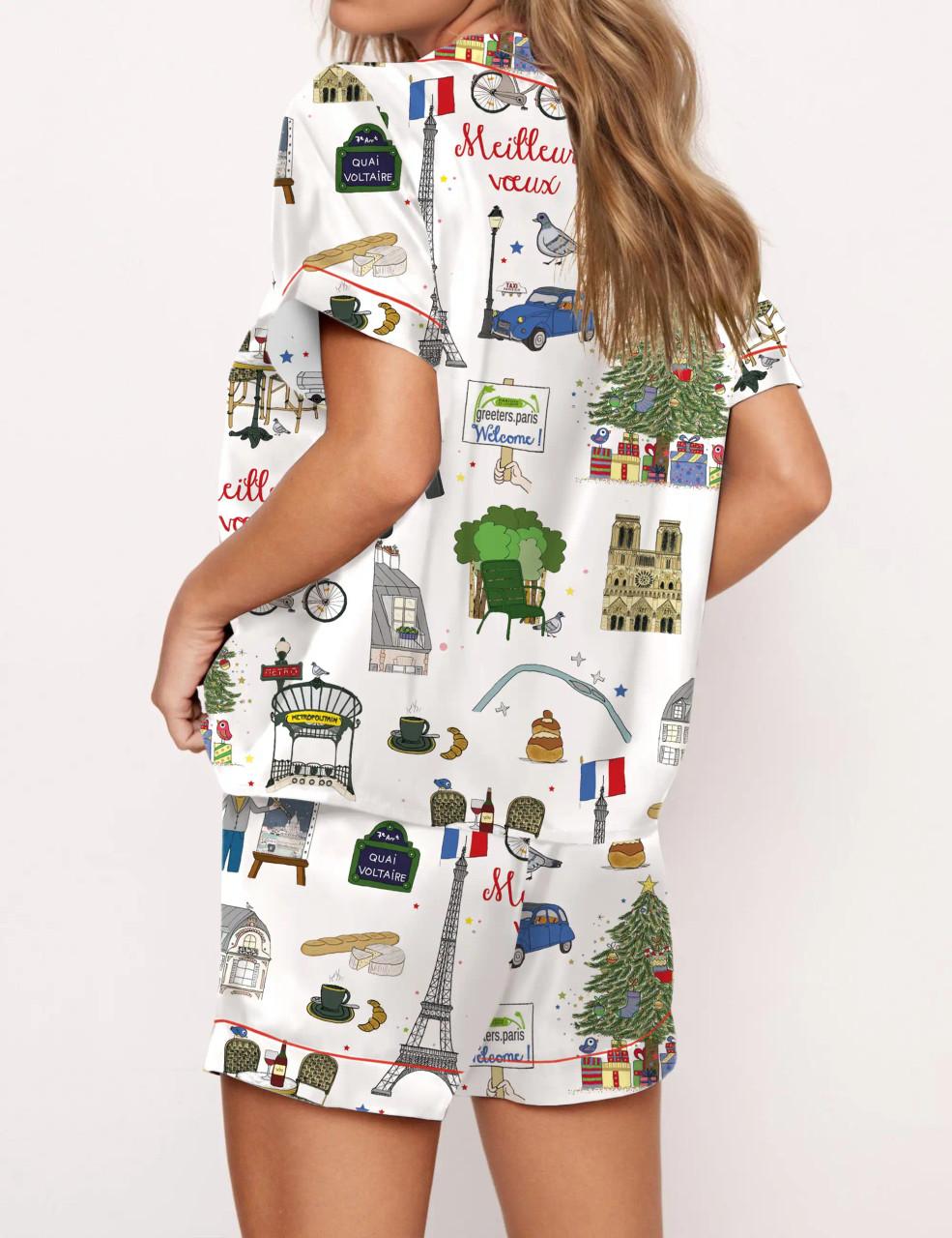 Christmas In Paris Satin Pajama Set For Women