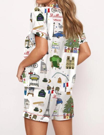 Christmas In Paris Satin Pajama Set For Women