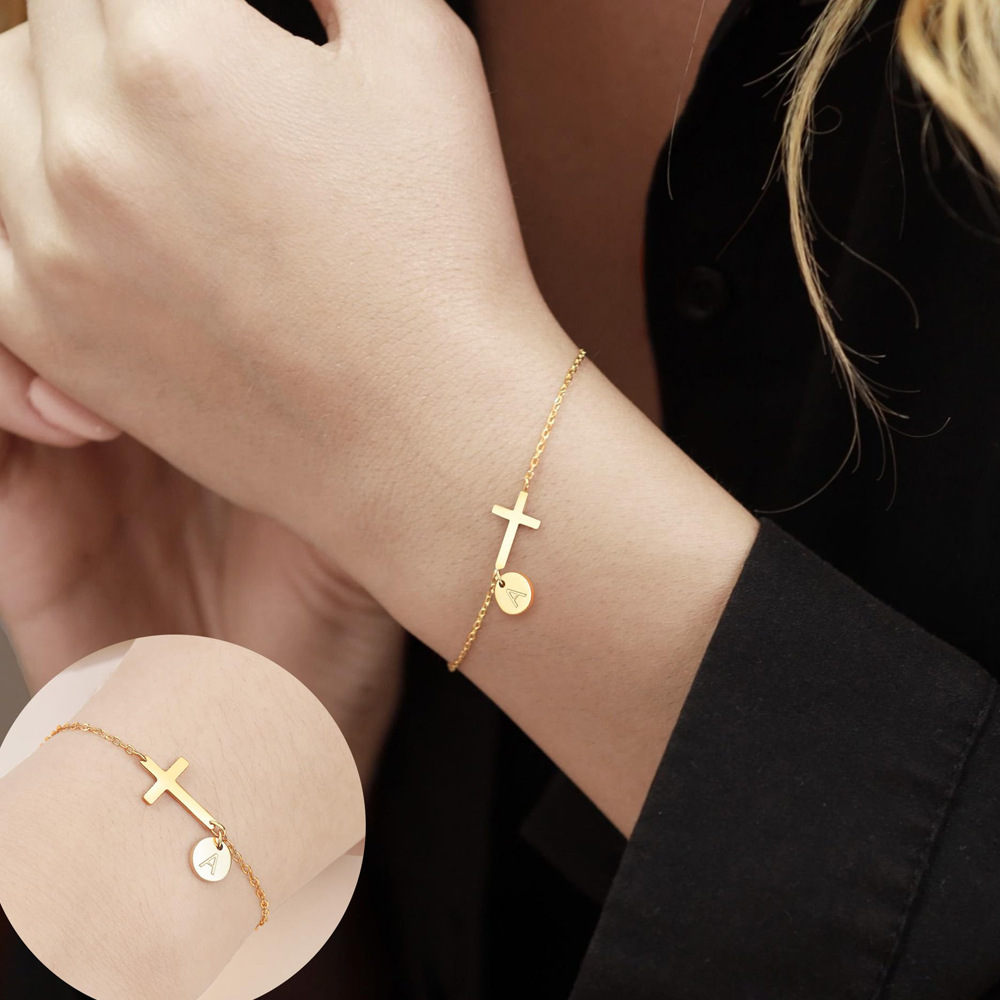 Personalized Cross Initial Disc Bracelet