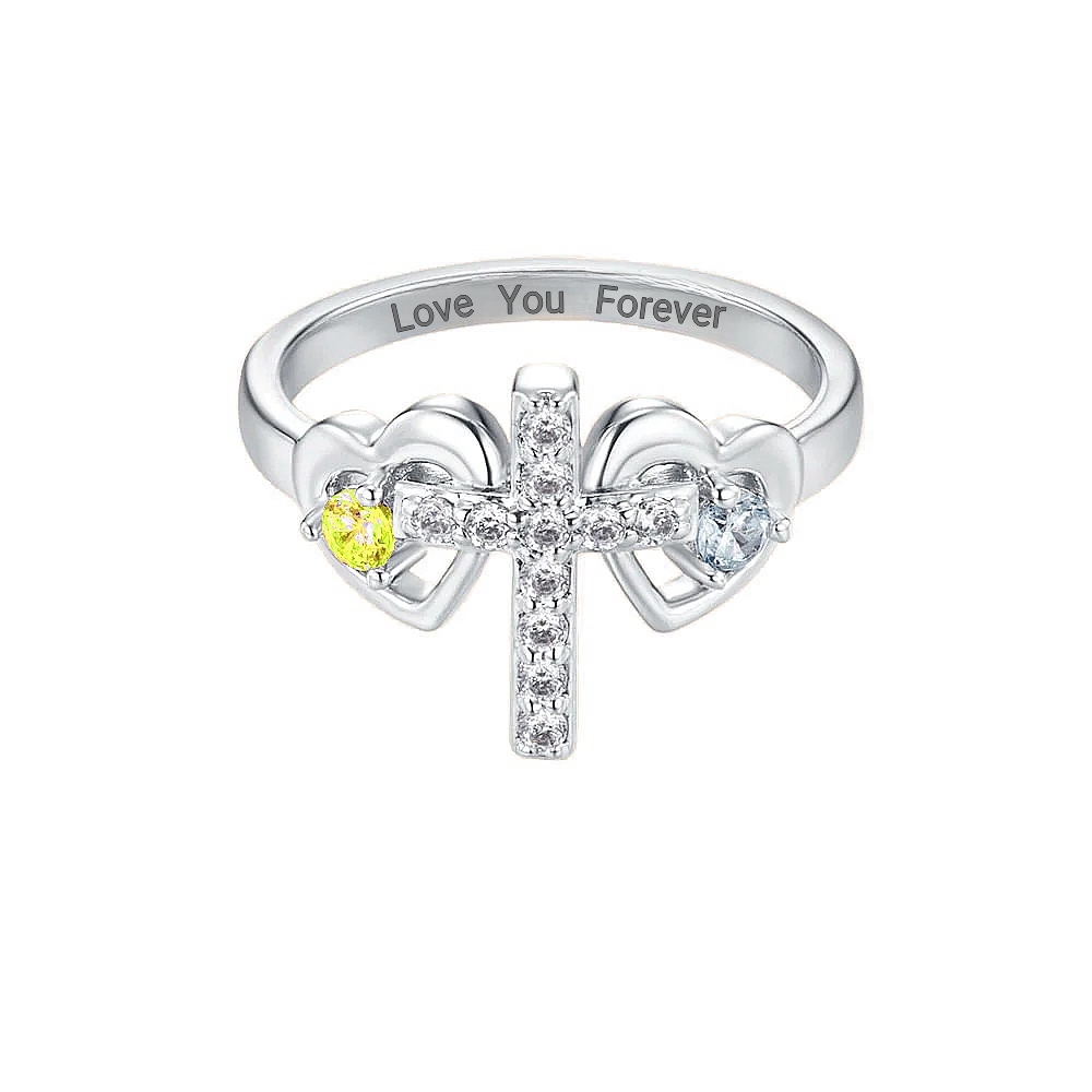 Personalized Double Heart Birthstone Cross Ring with Engraved Text Birthday Baptism Gift for Women