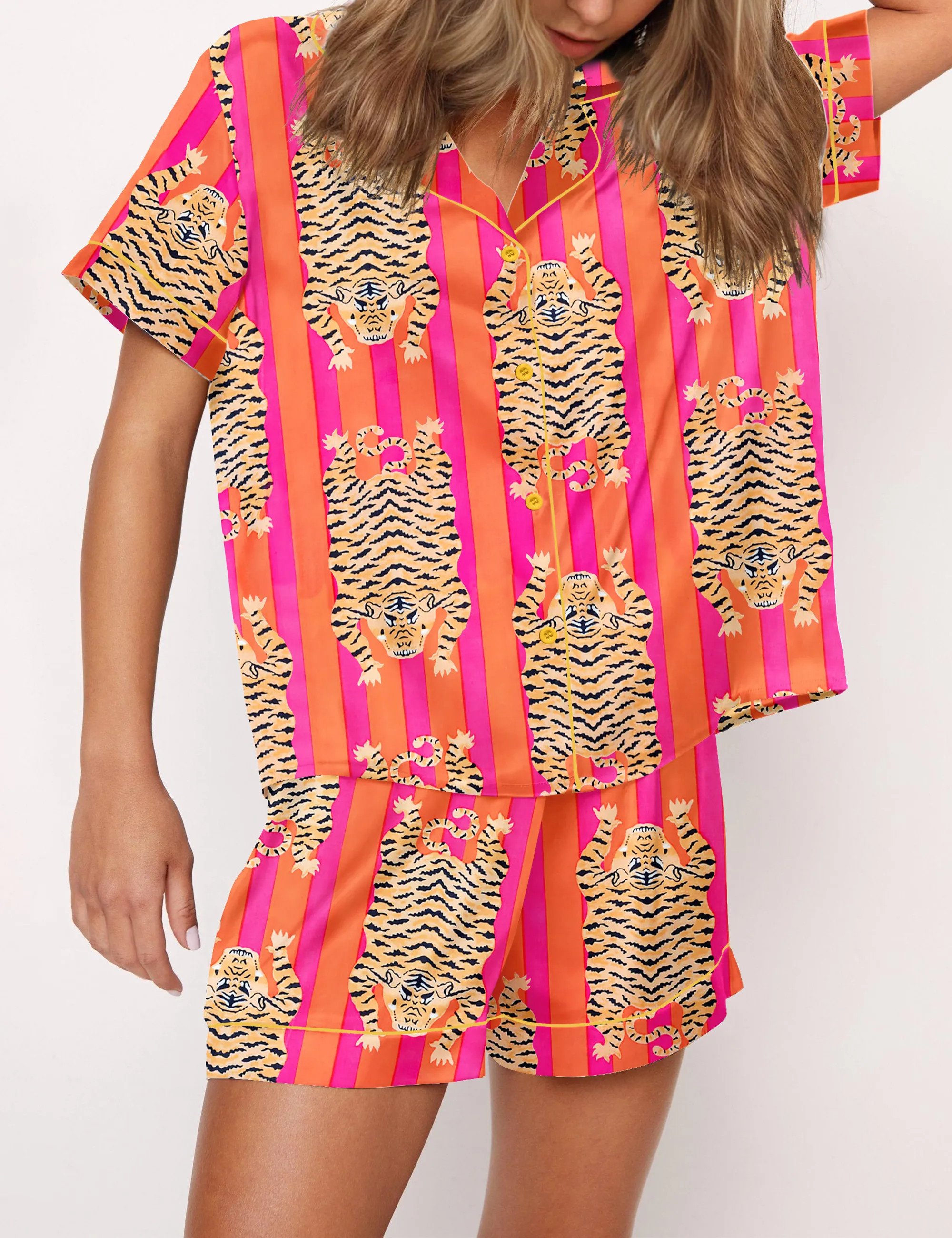 Tiger Print Silky Satin Pajama Set For Women