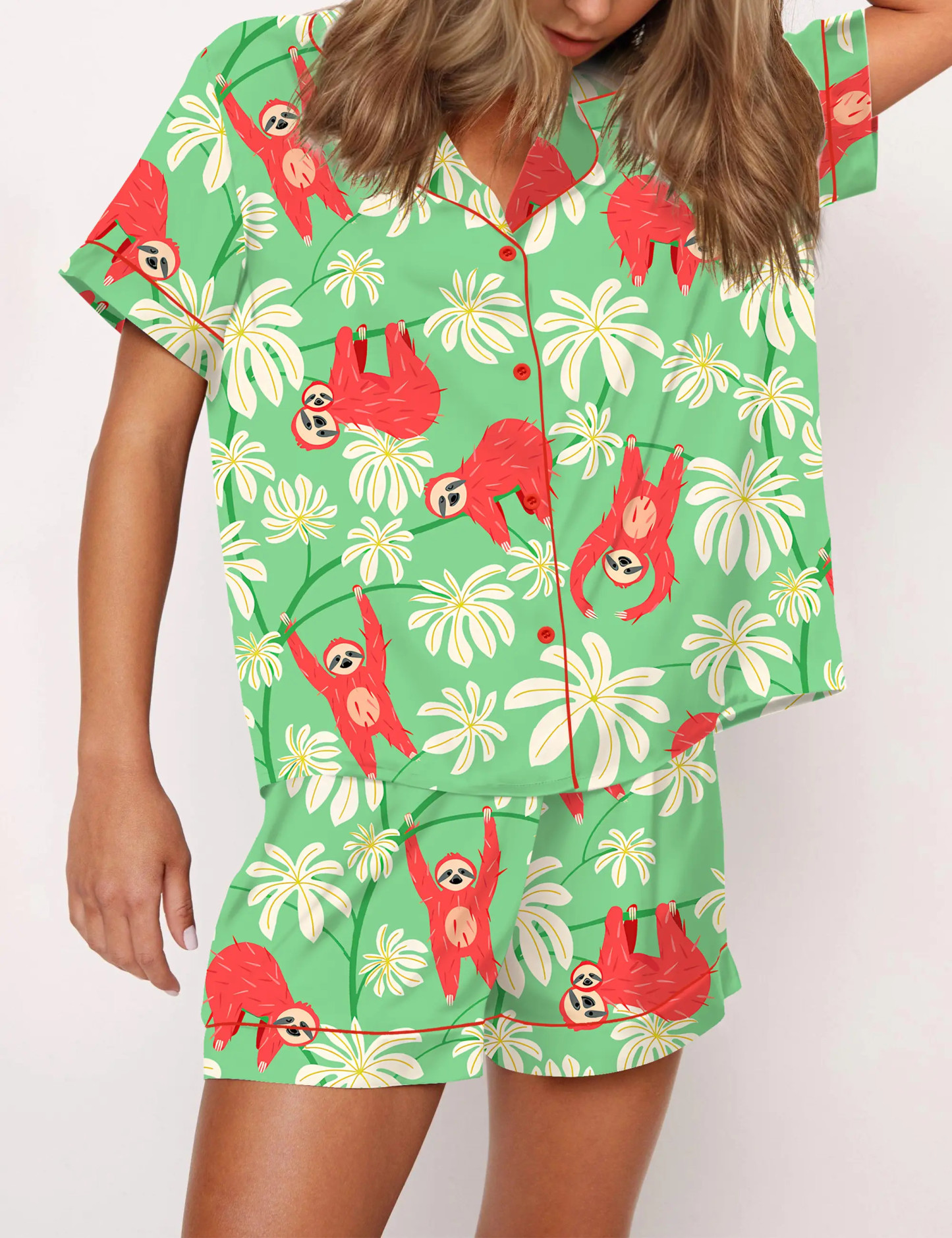 Sloth Floral Silky Satin Pajama Set For Women