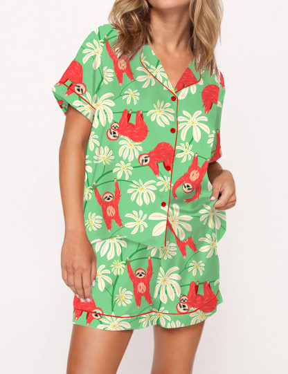 Sloth Floral Silky Satin Pajama Set For Women