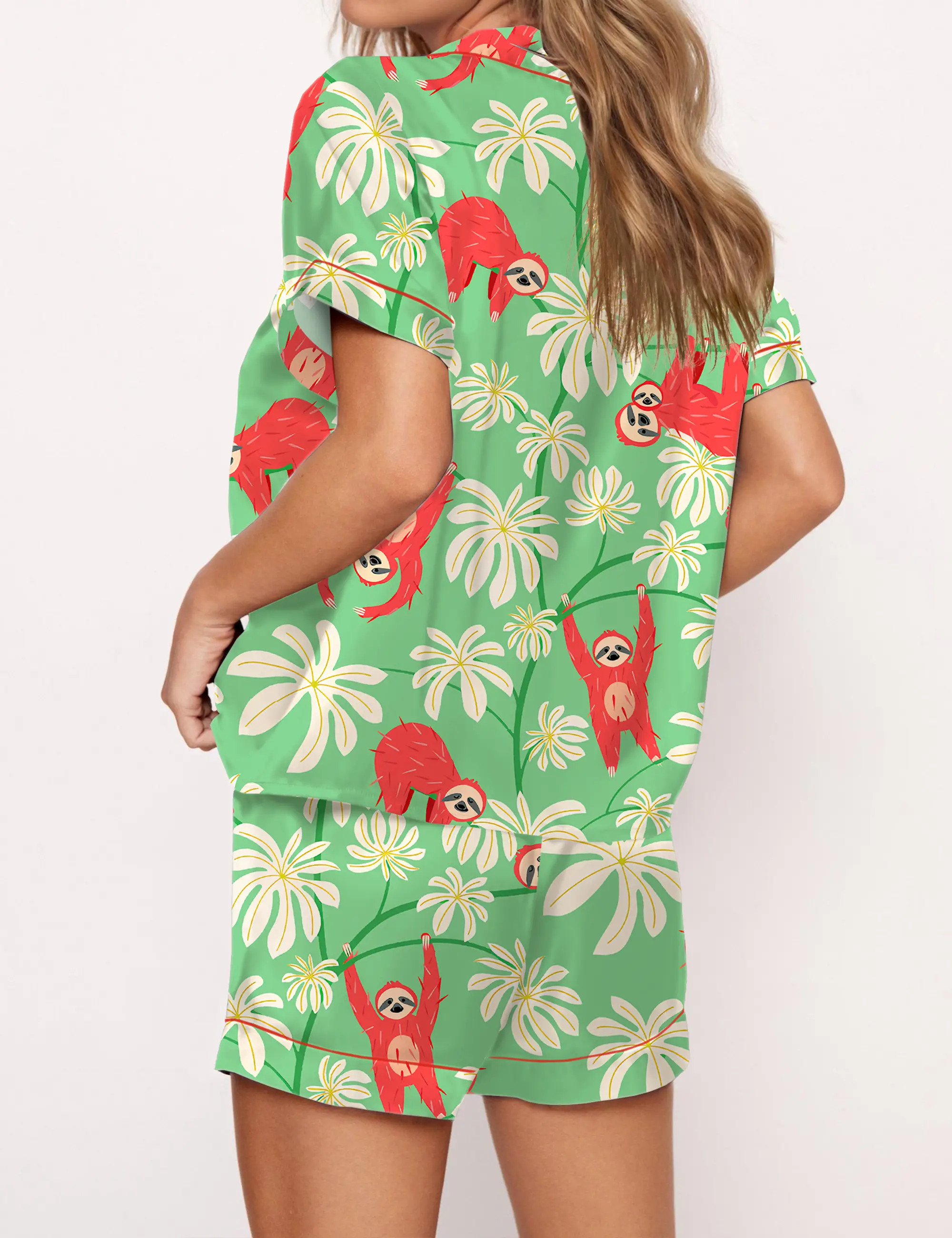 Sloth Floral Silky Satin Pajama Set For Women