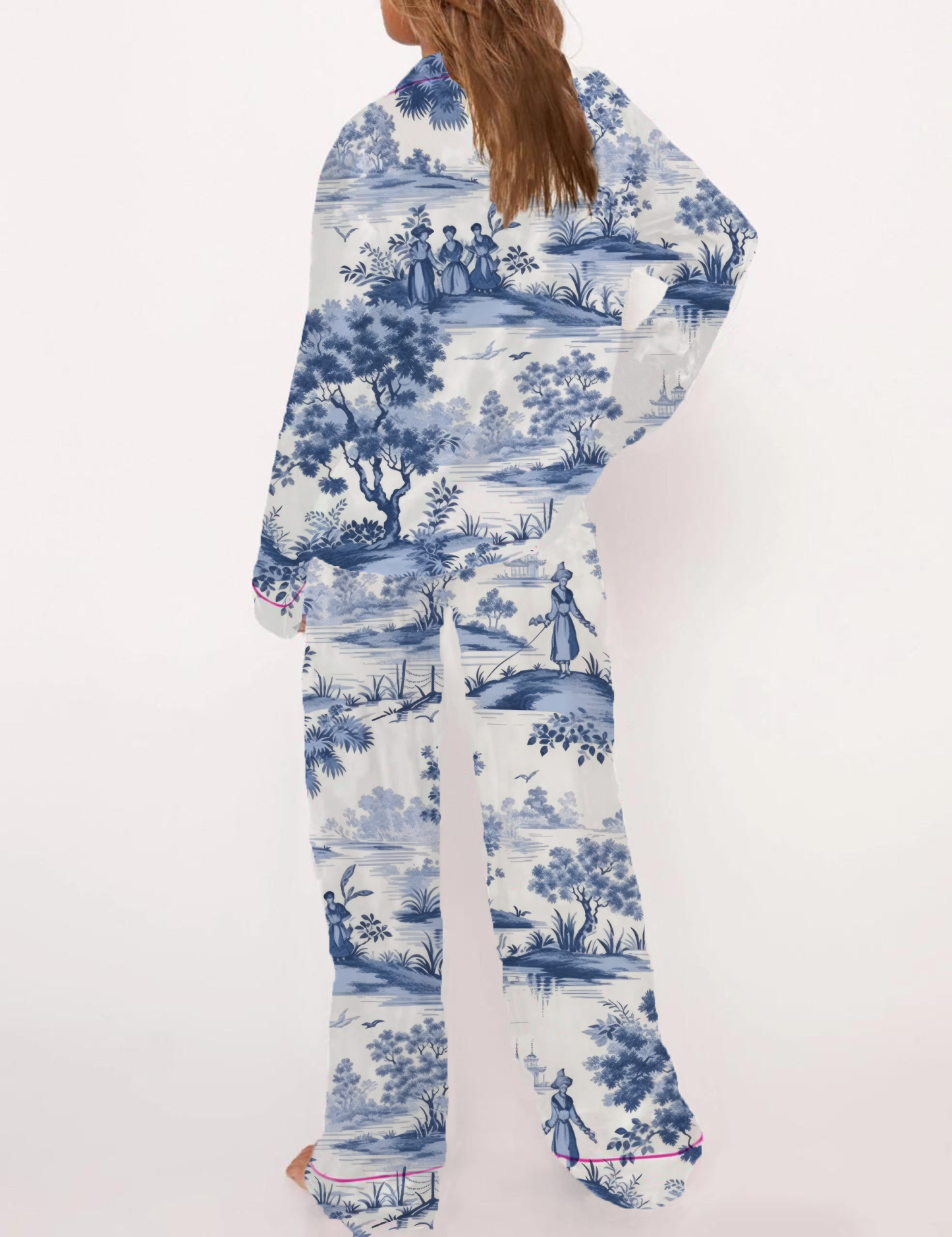 French Toile Silky Satin Pajama Short Set For Women