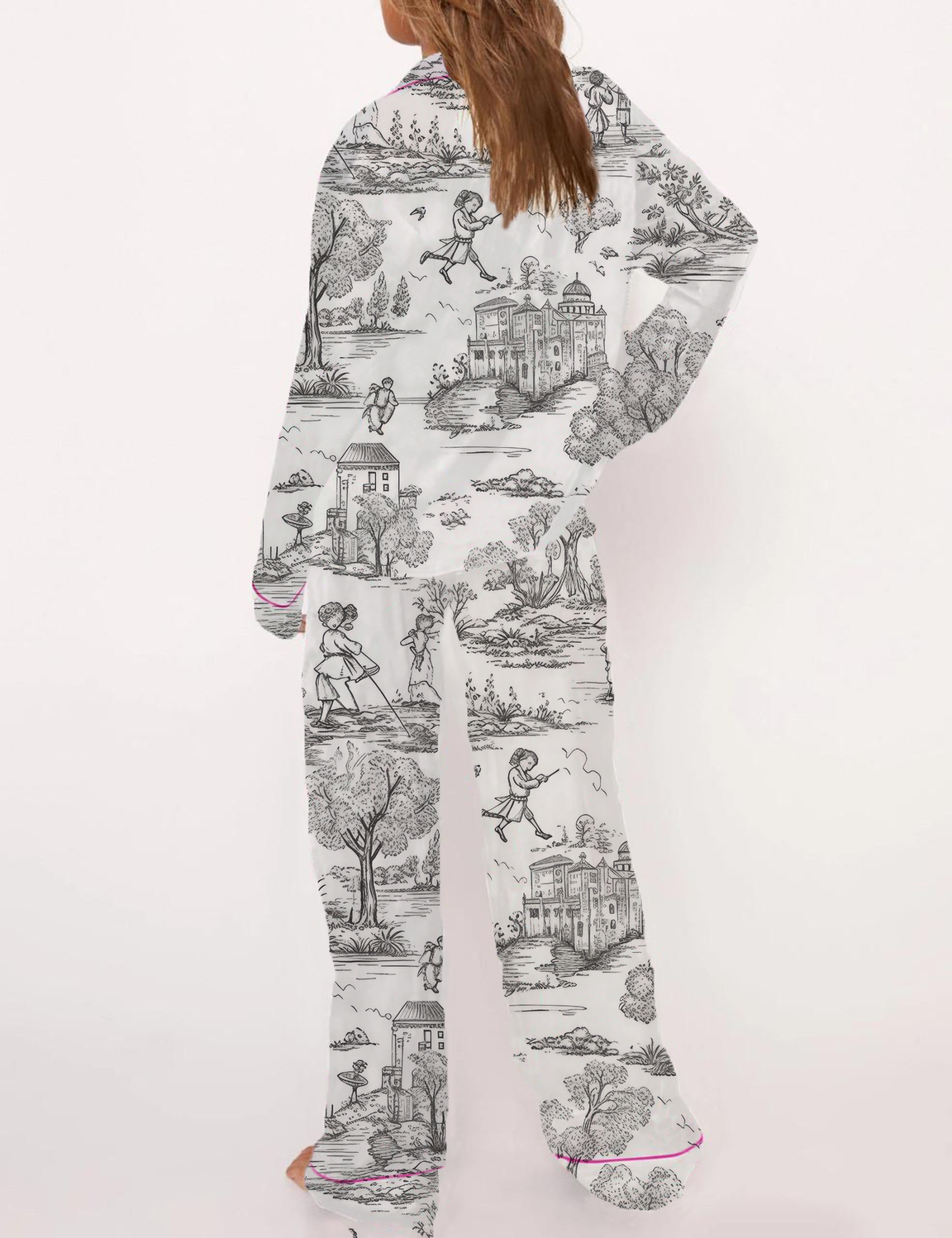 French Pastoral Retro Style Toile Silky Satin Pajama Short Set For Women