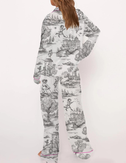 French Pastoral Retro Style Toile Silky Satin Pajama Short Set For Women