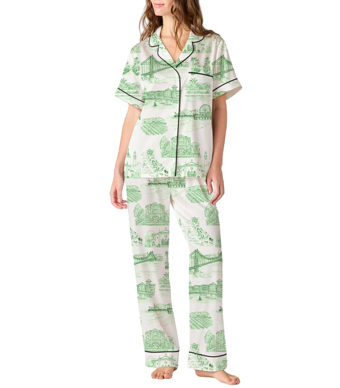 California Toile Silky Satin Pajama Pants Set For Women
