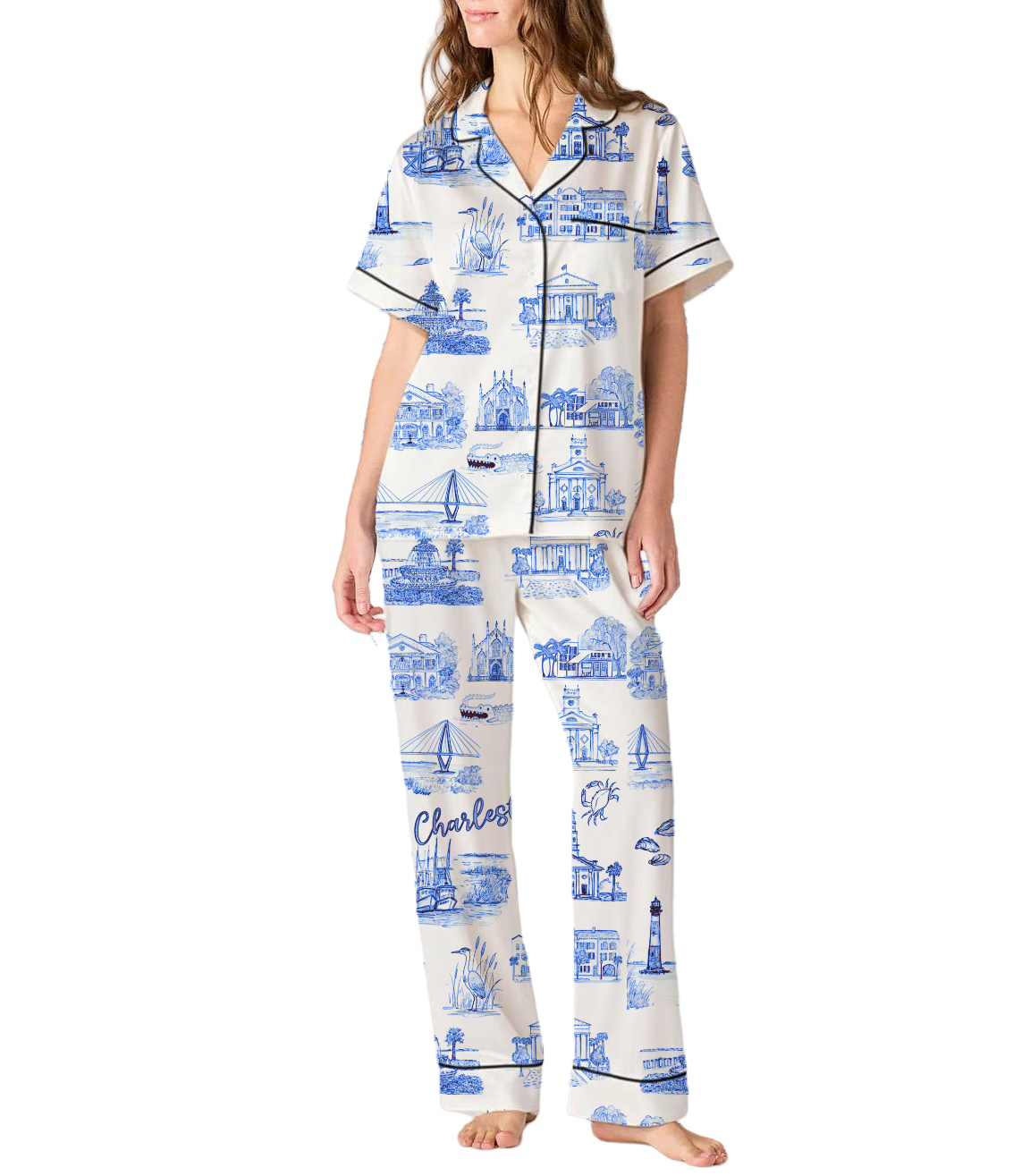 Charleston Toile Silky Satin Pajama Pants Set For Women