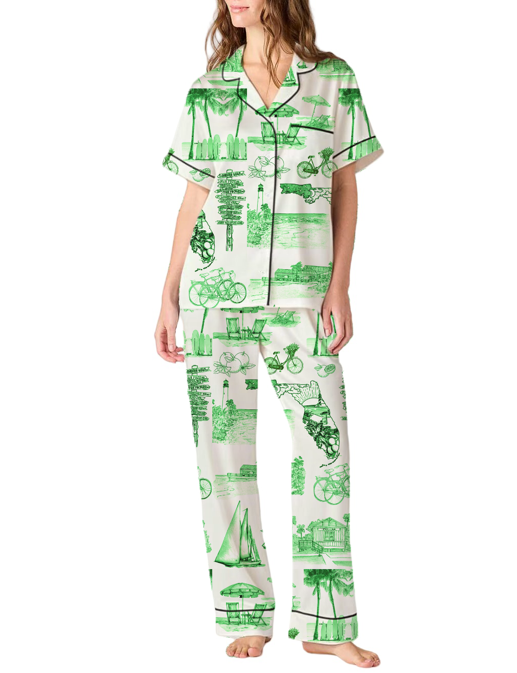 Florida Toile Silky Satin Pajama Pants Set For Women