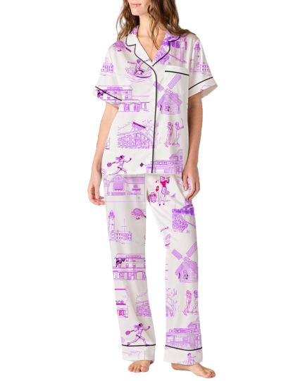 Hamptons Toile Silky Satin Pajama Pants Set For Women