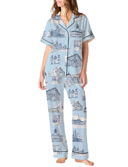 Nashville Toile Silky Satin Pajama Pants Set For Women