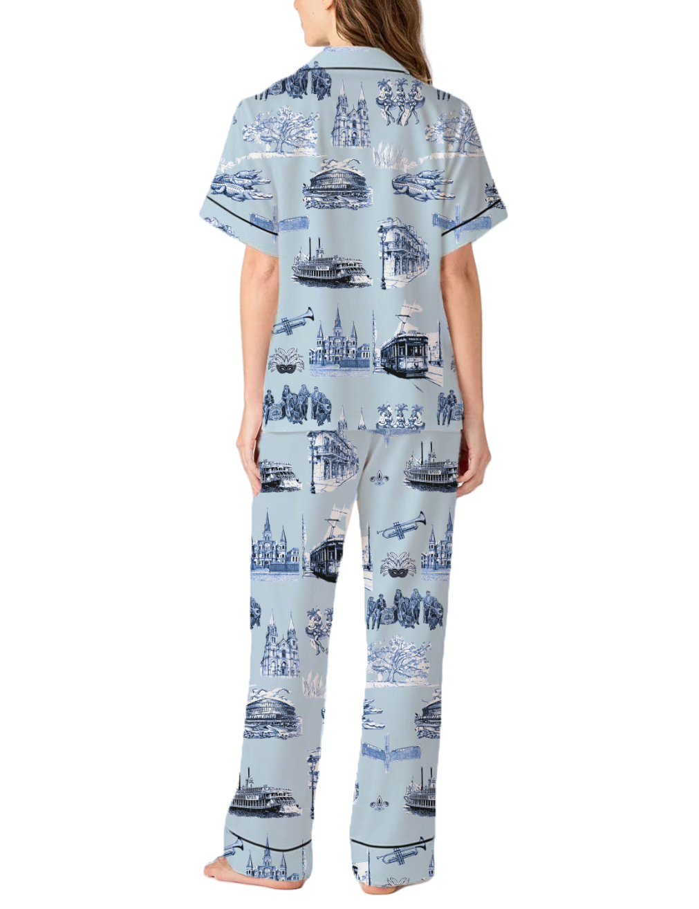 New Orleans Toile Silky Satin Pajama Pants Set For Women